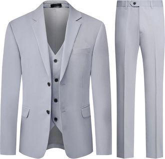 AlltheMen Mens 3 Piece Stretch Business Suits 2 Button Classic Suit Blazer Waistcoat Trousers Light Grey 3XL