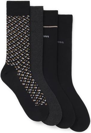 BOSS Assorted 4-Pack Monogram & Solid Cotton Blend Dress Socks Gift Box in Black at Nordstrom, Size 7-13