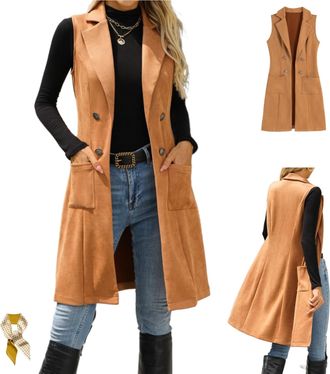 Generic Long Suede Vest for Women,Sleeveless Notch Lapel Button Decor Open Front Jacket,Faux Suede Double Breasted Blazer with Pocket (UK, Alpha, L, Regular, 