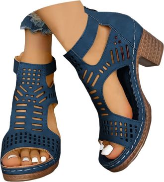 Generic Chunky Heeled Sandals for Women Bohemian Stacked Heeled Cutout Sandals Open Toe Summer Block Heel Booties Ankle Buckle Fashion Dress Sandal with Back 