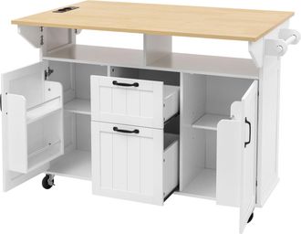 STILVORA Carro De Cocina Con 2 Puertas, 2 Cajones, Mesa Abatible, Enchufes Y Toallero, En Mdf, Blanco Y Natural