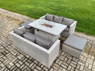 Fimous 8 Seater Garden Dining Sets Outdoor Rattan Furniture Gas Fire Pit Dining Table Gas Heater with 2 Big Footstools in Light Grey