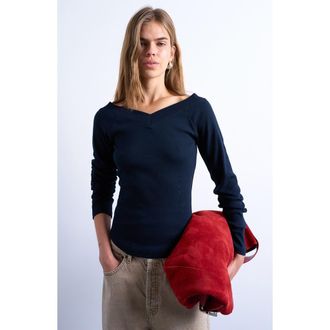 Topshop Raglan Sleeve Rib Top in Navy at Nordstrom, Size Large
