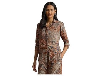 Lauren Ralph Lauren Classic Fit Paisley Crepe Shirt Womens Clothing Cream : XS, Polyester