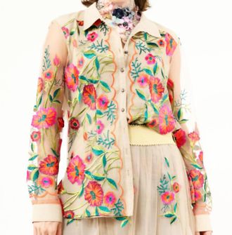 Aratta Vintage Floral Embroidered Shirt In Beige Tulip