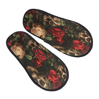 Generic Skull And Red Rose Unisex House Slippers Fluffy Slippers Breathable House Shoes For Winter Outdoor Bedroom L