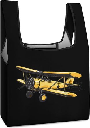 Generic Biplane Flying Reusable Shopping Bags Lightweight Foldable Grocery Bag Polyester Washable Tote Bag