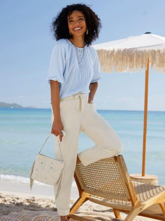 Heine Schlupfbluse HEINE, Damen, Gr. 34, eisblau, ecru, gestreift, 100% Baumwolle, bedruckt, gemustert, gestreift, mehrfarbig, Rundhals, Blusen Schlupfbluse