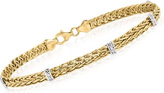 Ross-Simons 14kt Yellow Gold Wheat-Link Station Bracelet With Diamond Accents