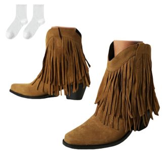 Generic Womens Ankle Boots with Fringes, Fashionable Ankle Boots with A Pointed Toe And Block Heel in A Suede Look, Comfortable Short Boots for Everyday Wear,