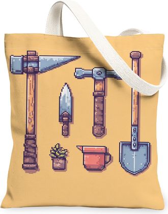 Generic Vintage Gardening Tools Canvas Tote Bags, Rustic Farmhouse Design Reusable Grocery Bags, Lightweight Washable Shoulder Stra, Yellow, 13x15 Inch