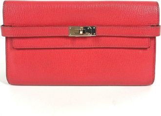 Herm&egrave;s Red Color Chevre Leather Long Wallet (Bi-Fold) (Pre-Owned)