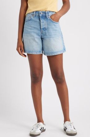 Topshop Editor High Waist Mid Thigh Denim Shorts in Light Blue at Nordstrom, Size 10 Us