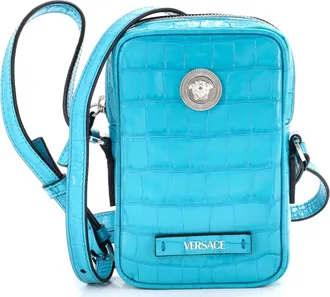 Versace Medusa Biggie Pouch Crossbody Bag Crocodile Embossed Leather Micro