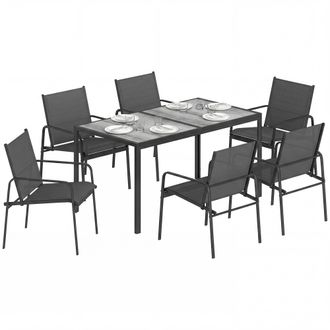 OEM Set Tavolo E Sedie Da Giardino 7pz Con 6 Sedie Traspiranti In Texteline E Tavolino Da Caff&egrave; Effetto Legno, Nero