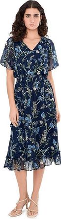 CeCe by Cynthia Steffe Smocked Waist Tiered Midi Dress Womens Dress Classic Navy : XS, Polyester