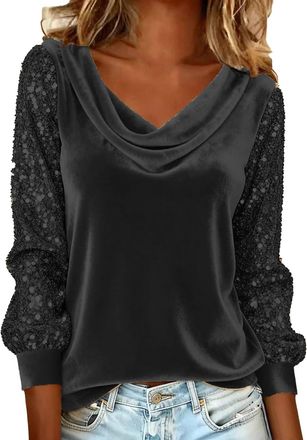 Generic Cowl Neck Velvet Tops for Women,Sparkly Sequin Springs Tops Trendy 2026,Elegant Long Sleeve Shirts Women,Dressy Casual Work Blouses,Holiday Christmas 