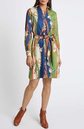 Foxcroft Rocca Chain Print Belted Long Sleeve Shirtdress in Green Multi at Nordstrom Rack, Size X-Small