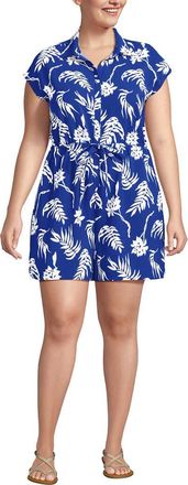 Lands End Plus Size Cap Sleeve Creaseless Button-Down Romper in Vibrant Lapis Tropic Floral at Nordstrom, Size 18W
