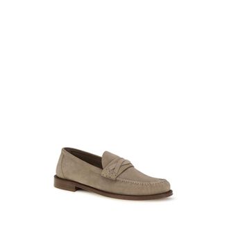 Brunello Cucinelli Mens Beige Suede Leather Slip-On Loafers