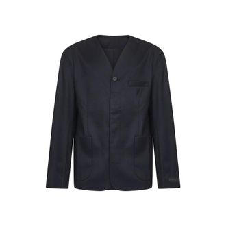 Jacquemus Jassen, Heren, Blauw, M, Wol, Blauwe Wollen Jas met Geborduurd Embleem