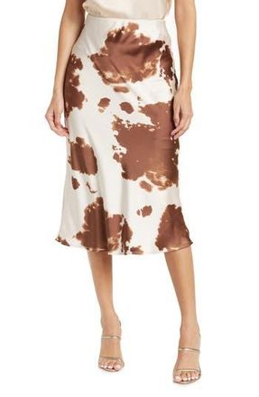Renee C Satin Cow Print Midi Skirt in Brown at Nordstrom Rack, Size Medium
