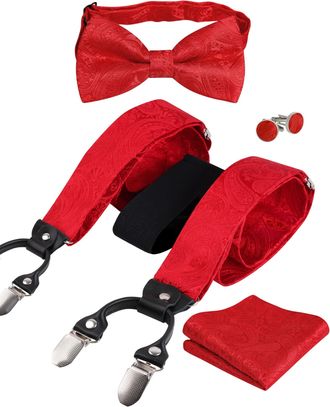 Alizeal Mens Paisley Pattern Bow Tie and Braces, Handkerchief, Cufflinks Set, Red