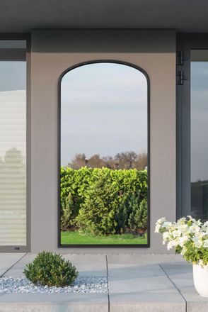MirrorOutlet Black Metal Framed Arched Garden Wall Mirror 67x33 (170x85CM) | Size: 1 Pack