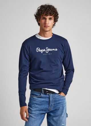 Pepe Jeans London Langarmshirt PEPE JEANS EGGO LONG, Herren, Gr. XXL (58/60), blau (marine), Single Jersey, Obermaterial: 100% Baumwolle, bedruckt, normal normal, Rundh