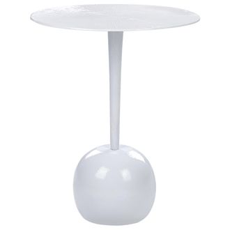 Beliani Mesa Auxiliar De Metal Blanco 40 Cm Tablero Tallado Sala De Estar Recibidor Eucla