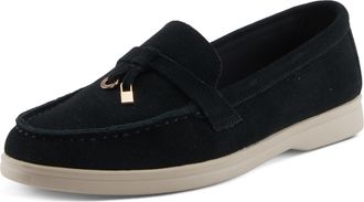 Spring Step Womens ISMENE Slip-On Suede Loafers - Almond Toe, Decorative Tassel, Luxurious Comfort, Black, 5.5-6