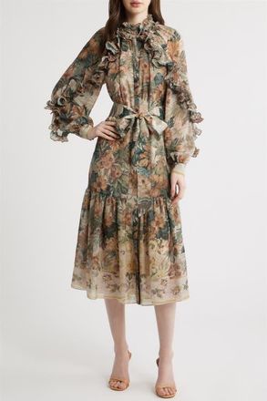 Kobi Halperin Amanda Floral Print Tie Waist Long Sleeve Midi Dress in Rose Multi at Nordstrom, Size X-Large