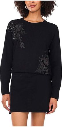 Vince Camuto Embellish Long Sleeve Crew Womens Sweater Rich Black : LG, Acrylic/Polyester/Spandex