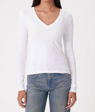 Goldie London Long Sleeve Cotton Rib V Neck Top In White