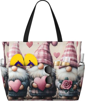 Generic Valentines Gnome Print Large Beach Bag Foldable Travel Shoulder Tote Bag With Pocket For Weekender Pool Vacation