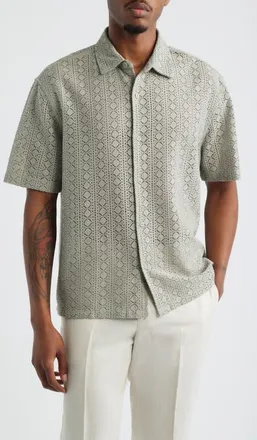 Open Edit Boxy Lace Short Sleeve Button-Up Shirt in Green Chaparral at Nordstrom, Size Xx-Large