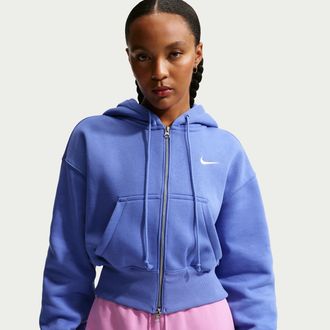 Nike Womens Nike Sportswear Phoenix Fleece Loose Full-Zip Cropped Hoodie in Blue | HV2426-485