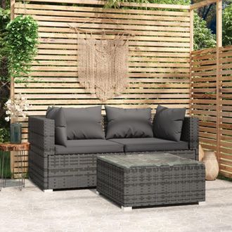 vidaXL Set De Muebles De Jard&iacute;n 3 Pzas Y Cojines Rat&aacute;n Sint&eacute;tico Gris Vidaxl