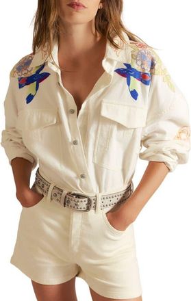 Free People Take Flight Embroidered Cotton Shirt in Snow Bell Combo at Nordstrom, Size X-Large