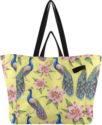 Generic Garden Peacock Yellow print Reusable Canvas Tote Bag, Heavy Duty Grocery Shopping Bag with Large Capacity Hard Bottom Double Handles Work Groceries Tr