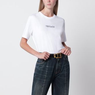 Versace T-shirt slim bianca in jersey di cotone con ricamo logo