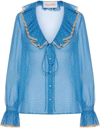 Valentino Garavani Overhemden, Dames, Blauw, M, Organza, Gekreukelde Polka Dot Zijden Blouse