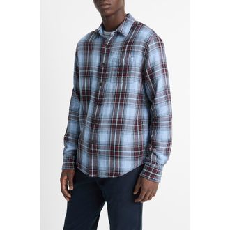 Vince Napa Plaid Twill Button-Up Shirt in Blue Cloud/malbec at Nordstrom Rack, Size Medium