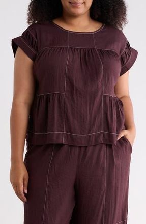 Adrianna Papell Topstitched Crinkled Cap Sleeve Top in Chocolate/Ivory at Nordstrom Rack, Size 1X