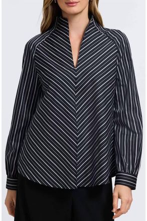 Foxcroft Daphne Stripe Stretch Cotton Blend Pullover Shirt In Black
