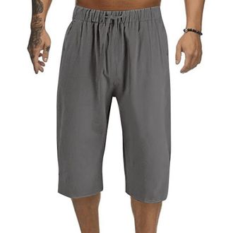 Generic Shorts Mens Casual Cargo - Mens Long Shorts 3/4 below Knee Cotton Hemp Athletic Shorts Jogger Shorts with Drawstring Elastic Waist Pockets Summer Casu