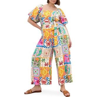 City Chic Positano Patchwork Print Jumpsuit in Positano Print at Nordstrom, Size Xxl