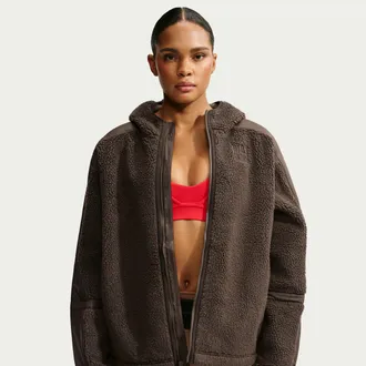 Nike Womens SKIMS Sherpa Oversized Full-Zip Hooded Jacket in Brown | IV6649-233