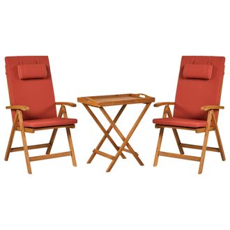 Beliani Beliani - Conjunto De Comedor De Balc&oacute;n En Madera De Acacia Oscura Con Sillas Ajustables Plegables Cojines Rojos Java