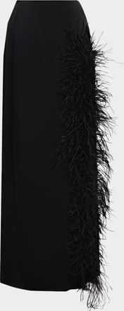 Sally Lapointe Feather-Trimmed Slit Satin Maxi Skirt